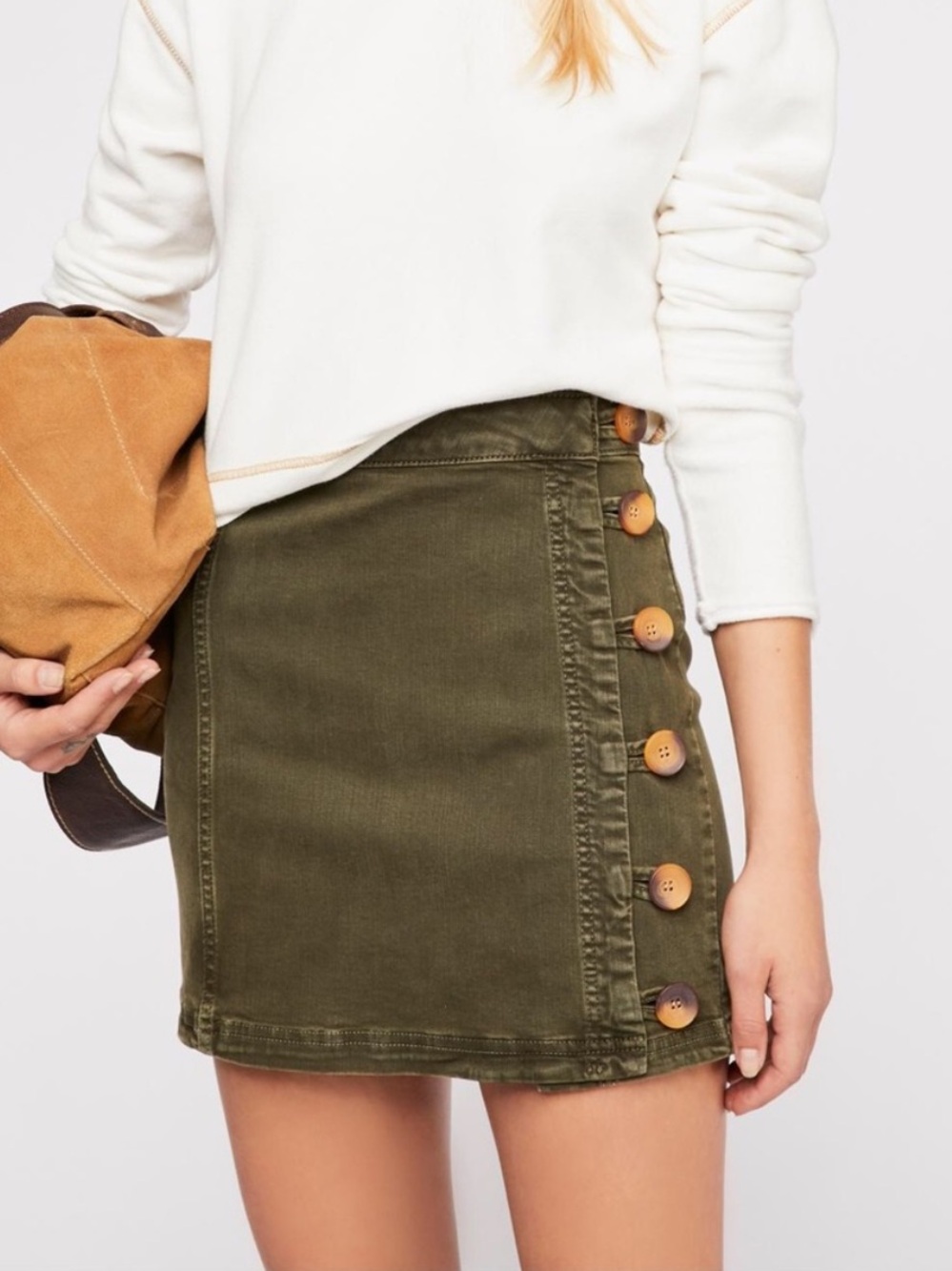 Free People Olive Green denim Mini Skirt with Side Buttons